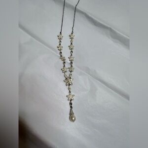 Silver Floral Crystal Necklace with Pearl Drop by